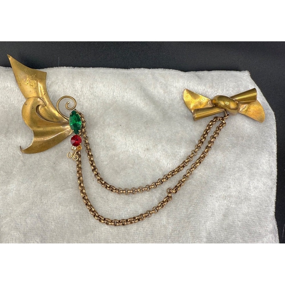 Vintage Chatelaine Brooch Rhinestone‎ Butterfly Bow Gold Tone
